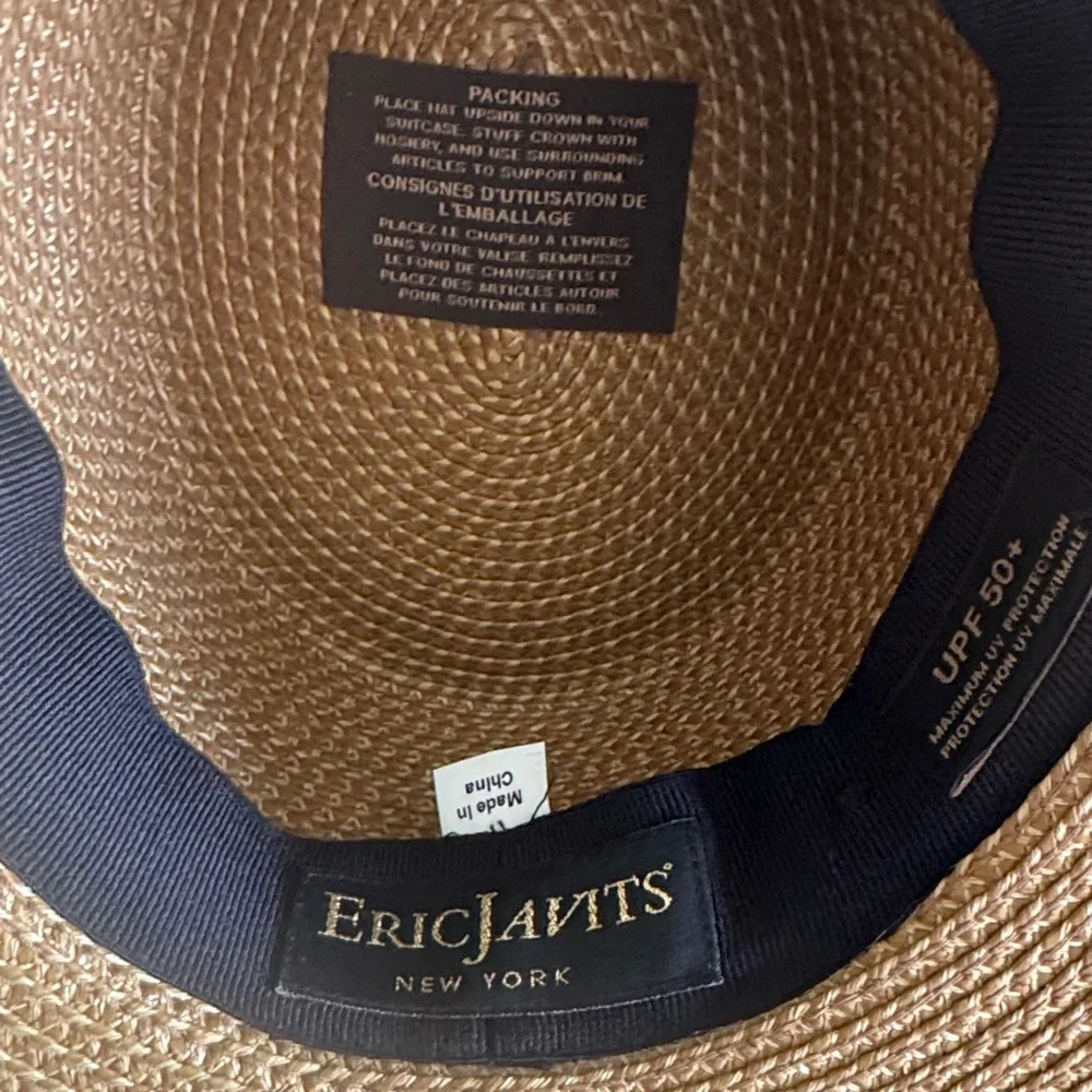 Eric Javits Braided Natural Straw Fedora with Black-and-Natural Fringed Trim - Picture 2 of 3
